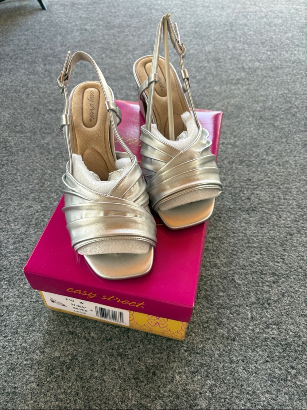 Easy Street Metallic Silver Slingback Heels - Block Heel - Open Toe - Size 8.5